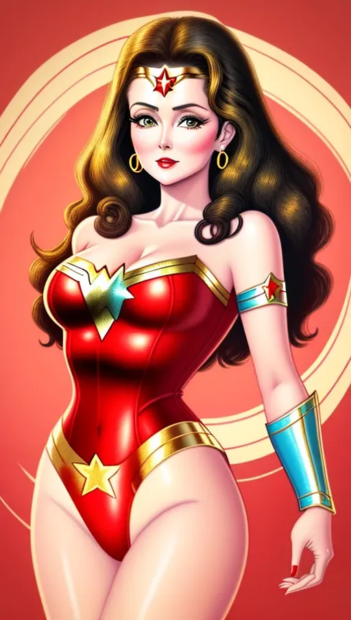 Lynda carter illustrated as wonder woman, young and beautiful, detailed wonder woman red and gold costume