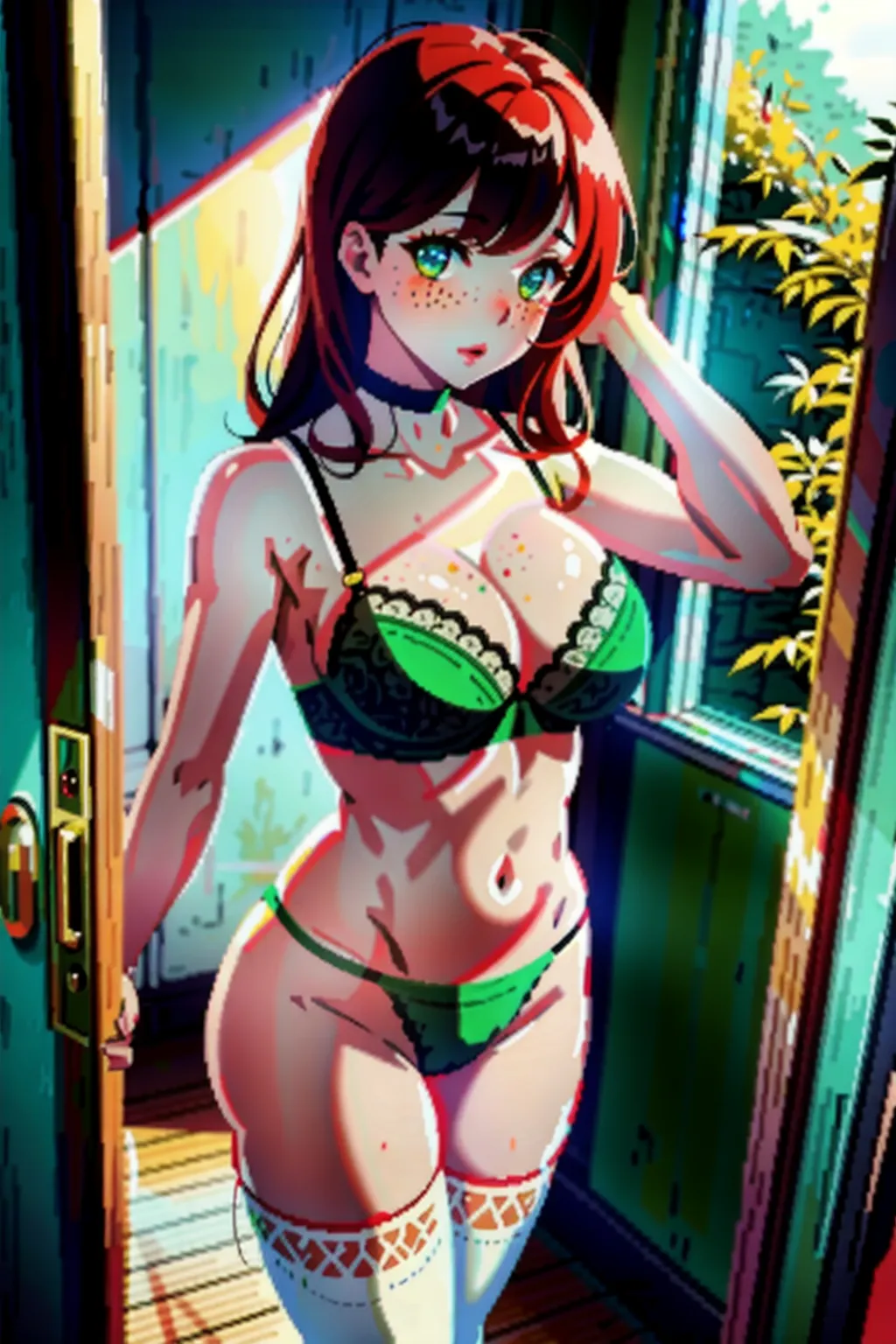 8k full body photograph of, younger sister, 18 years old, detailed face, cute face, white open blouse, ((forest green lace bra)), ((blue-and-white striped knee-socks)), red lace choker, vibrant green eyes, very pale skin, (((red freckles))), wild red hair, (((massive breasts))), tiny waist, wide hips, hourglass figure, fit, (no fat), ((toned stomach)), bubble-butt, sexy legs, standing in the doorway, (looking up towards the camera), blushing, (hands behind her back), textured skin, best lighting, raytracing, add more detail