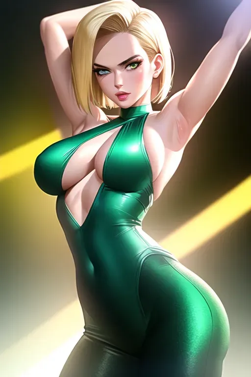 Android 18,doing gymnastics ,naked,amazing breasts,five fingers per hand,wavy curtain bang,beautiful face,beautiful lips,green eyes,curved eyebrows,curved eyelid,textured skin,erotic,editorial,highly detailed,pixiv,cgsociety,surreal