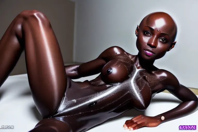 sorceress, dark skin, bald, ultra realistic, fingers in pussy, masturbation, high def, flat chest, small tits, naked, rimlit body, slick with sweat, penetration, dripping in cum, lactation, steamy, rainy night