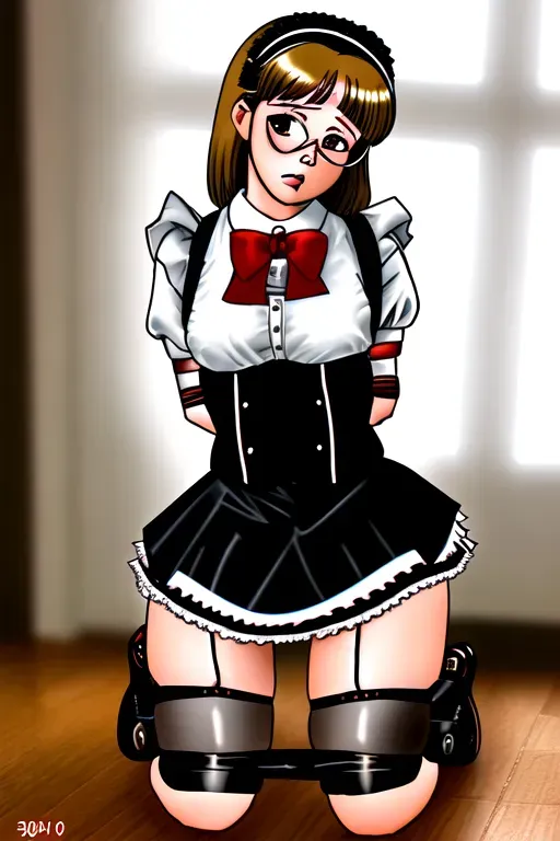 glasses, stern, french maid, mini skirt, (30 years old), busty, kneeling,(hands behind back), bound, bondage, restrained