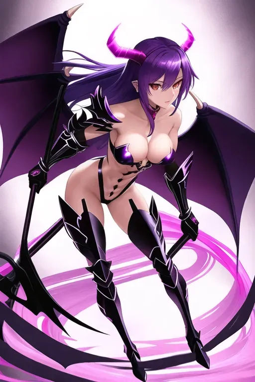 demoness, naked, slender, fitt body, purple hair, looks serius, long hair, girl, show pussy, medium boob size, shoulder armor, dynamic lighting, shiny hair, masterpiece, best quality, ultra-detailed, illustration, demon wings, slightly muscled