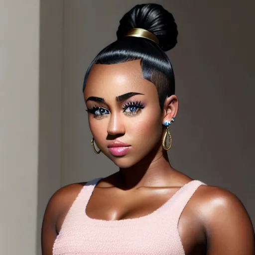 Miley Cyrus with dark skin,
Miley Cyrus with ebony skin,
skin change,
skin color change,
only change skin,
accurate features with dark skin,
accurate face,
hyperrealistic features,