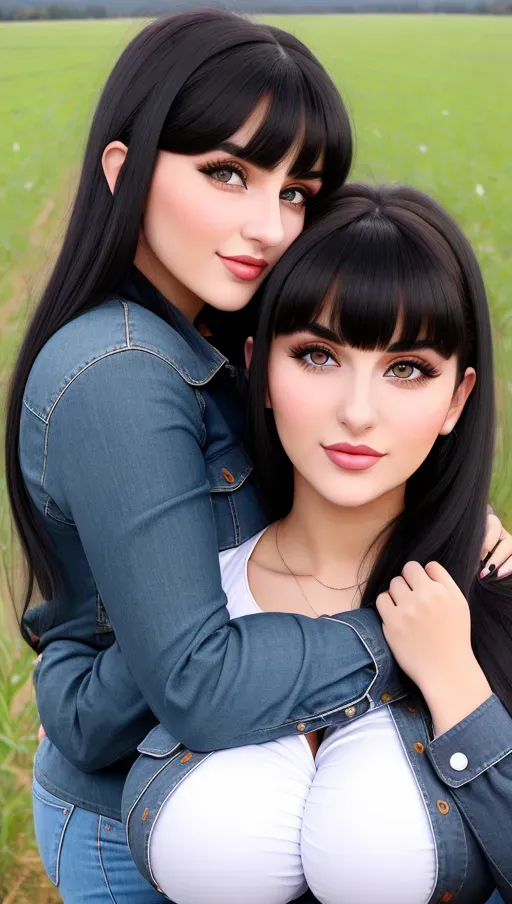 Two gorgeous young Albanian women hugging, photo cute attractive young face, large wide doe eyes, light colored eyes, big plump lips, huge gigantic boobs, (gigantic tits), raven-black hair, bangs, sexy, thin, slim waist, farm outfit, tight flannel shirt, photorealistic, best quality, ultra high resolution