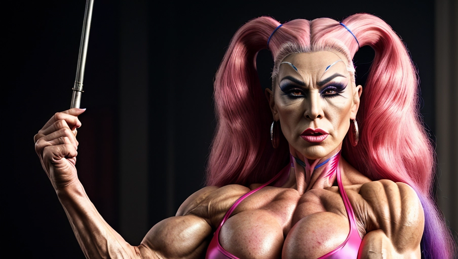 portrait of hyper muscular mature dragqueen, perfect face, strong facial features, muscular face, ugly, hands on hips, extreme makeup, long dress, huge jaw, huge cheekbones, long pink hair, steroid face, vivid colors, god rays, cinematic shot, dynamic lighting, 75mm, Technicolor, Panavision, cinemascope, sharp focus, fine details, 8k, HDR, realism, realistic, key visual, film still, cinematic color grading, depth of field, close-up shot,