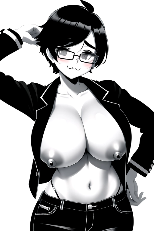 short tomboy, :3 face,glasses,big boobs,
