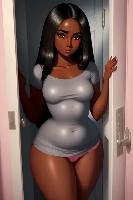Cute wife, dark skin, mid length straight hair, dark eyebrows, dark eyelashes, glittering mascara, hazel eyes, small nose, full pink lips, strong cheekbones, soft cheeks, narrow chin, thin curvy figure, small breasts, thin waist, curvy ass, thin thighs, wearing a loose grey shirt, wearing cute pink cotton panties, aroused, submissive, ready for sex, standing in the doorway of her closet undressing, looking at me, Disney animation, high definition, 4k quality, cinematic lighting, great shading, excellent detail, five fingers per hand