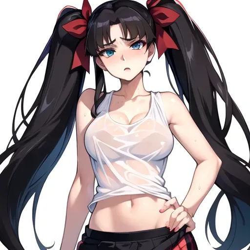 Rin Tohsaka, Rin, Tohsaka, Fate Stay Night, Fate, Nyotengu (DOA), Dead or Alive,
masterpiece, solo, best quality, nsfw, bokeh, uncensored, ultra realistic face, perfect eyes, perfect edges, two arms, two hands, ultra realistic, perfect face, perfect anatomy, (soft focus), ((perfect lighting)), full body, beautiful woman, beautiful, mature woman, sexy, adult, old adult, mature adult,
pigtails with ribbons, long black hair, full bangs, small eyes, tiny eyes, proportional eyes, blue green eyes,
cleavage, ((perky breasts)), big breasts, big boobs, huge boobs, busty, perfect boobs, perfect breasts, skinny, thin,
tank top, round neck top, flowing tank top, see-through tank top, loose shirt, joggers, sporty, running attire, casual clothes, casual, summer clothes, dressed for a hot day, sweaty, wet, sweaty body, wet body, dripping wet, plaid skirt
naughty, naughty expression, naughty face, naughty look, seductive, seducing, horny expression, horny, embarrassed,