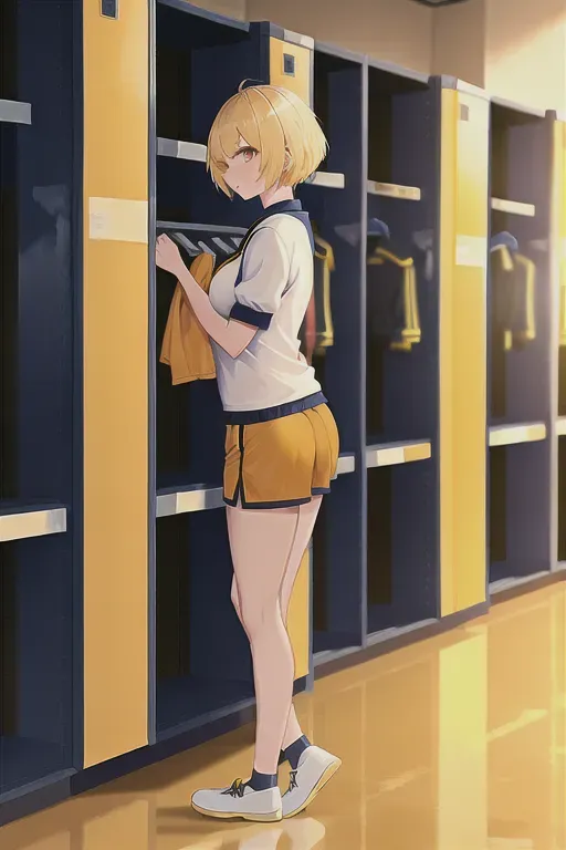 A short yellow haired girl with orange eyes wearing a school gym uniform sitting in a locker room without shorts