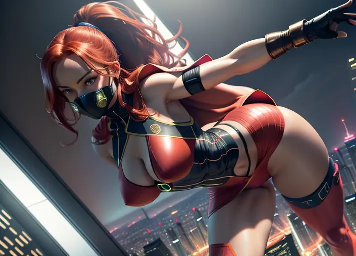 superhero, beautiful woman, face like olivia Wilde, long red hair in ponytail, sexy and tight body suite in a mix of neon green and red, sensual short skirt showing lot of clevage, sexy thong and knee socks, cape and sexy gloves, short boots with high heels, superhero face mask, bracelets on arms and legs, partly nude, perfectly toned and slender body, abs, small breasts with erect nipples visible, pussy camel toe visible, very pretty face and eyes, highly detailed eyes with arched eyebrows, senusal expression, perfect composition, hyperrealistic, photorealistic, pretty face, stretched legs in a dramatic action Pose, one hand above her had the other pointing forward, full body view, Highly detailed, bright lighting, perfect composition, hyperrealistic, super detailed, high quality, trending art, trending on artstation, sharp focus, intricate detail, extremely detailed, centered, full frame, photorealistic, vivid contrast, vivid colors, 3dcg, 3d, render, 8k, UHD, HDR, Masterpiece, best quality
metropol city setting at night, dramatic sky lit up by ligthning, posing on top of sky scraper, view from far above