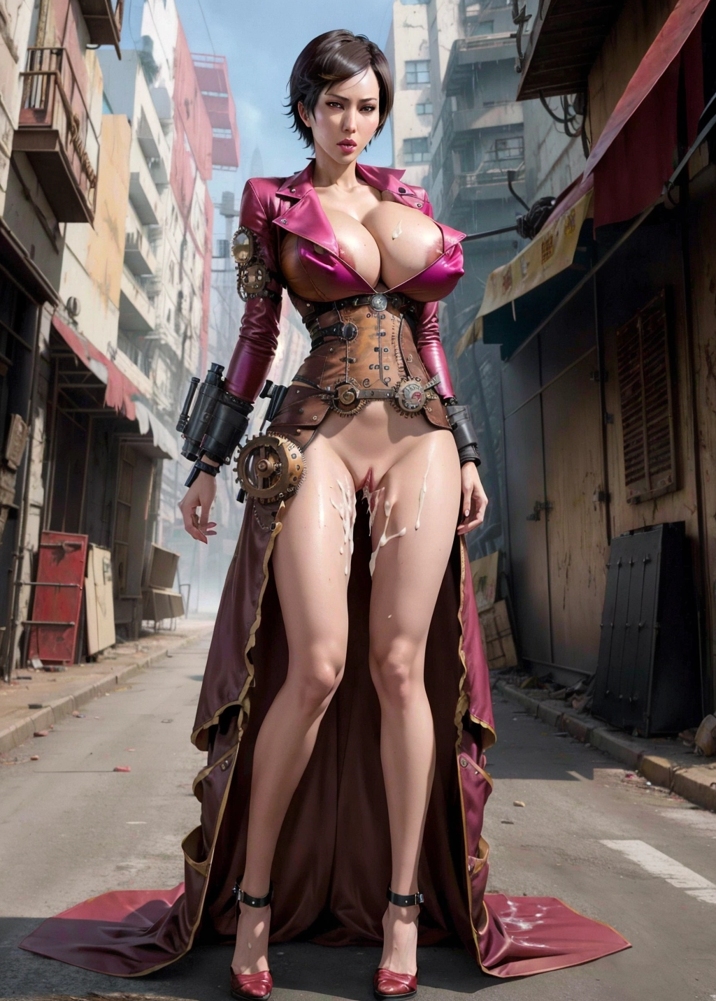naked,puffy vagina, (Steampunk Ada Wong:1.3), (cum:1.2), (fucked in the vagina:1.3), (full body, standing up:1.2), accurate face,touching self,alluring, seductive, long torso, long body, long legs,pubic hair, open gown, (enormous breasts:1.4), (fake breasts:1.3), gigantic breasts,bare breasts,pink puffy nipples, tan skin, bend over, legs spread open, Apocalyptic City, outside, ((raped in the vagina:1.4)), photorealistic, uhd, 8k, 2 arms, 2 hands,