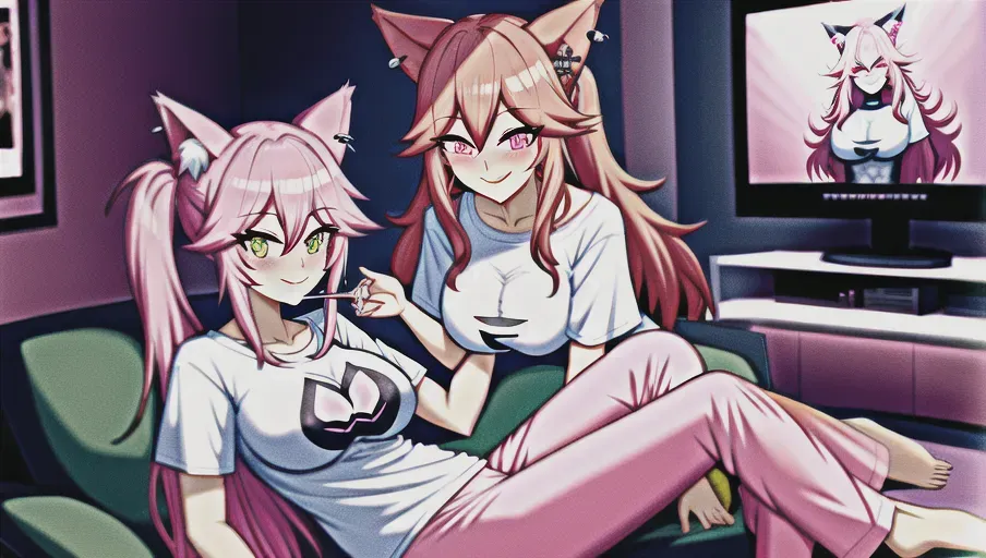 2 milf catgirls, pink and white fur, tail, piercings, happy, pj pants, t-shirt, playing Elden Ring, Large TV, in a living room,