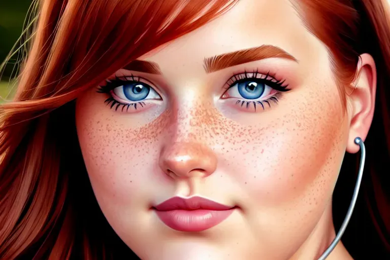 Digital painting of, close up face, obese young woman, double chin, freckles, auburn hair, blue eyes, curved eye brows, beautiful, chubby cheeks