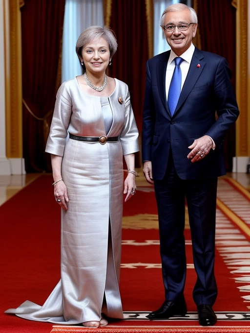 A naked mature lady prime minister poses with a foreign dignitary while naked during an official state function