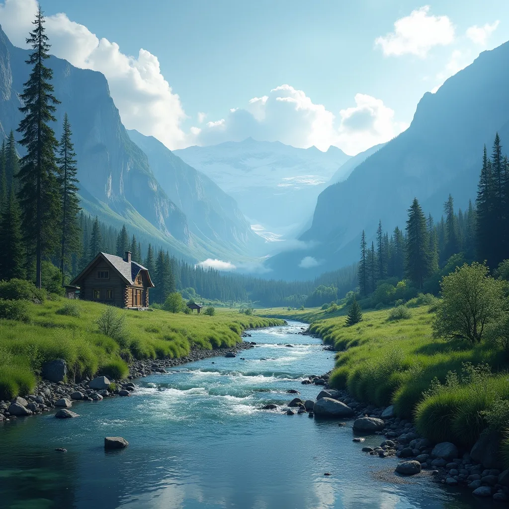 A beautiful landscape with a river and mountains