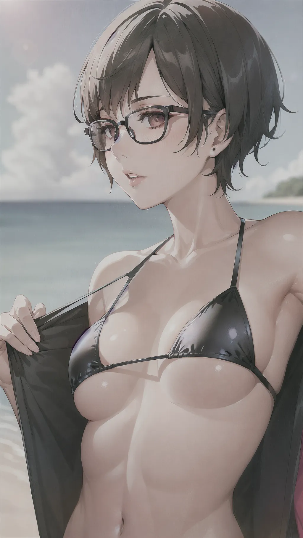 A woman, pixie cut, brunette hair, glasses, nsfw, small boobs, swim suit, close up