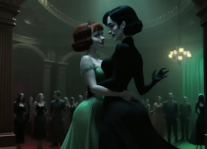 two ladies in a dark atmospheric modern goth nightclub, Dakota Fanning as Mavis Dracula of Hotel Transylvania in tight black revealing attire and hypnotic red glowing eyes, dancing the night away with beautiful good auburn haired Elizabeth Lail as Anna of Arendelle in a modest light green royal gown. Photorealistic, b-horror film screencap,
