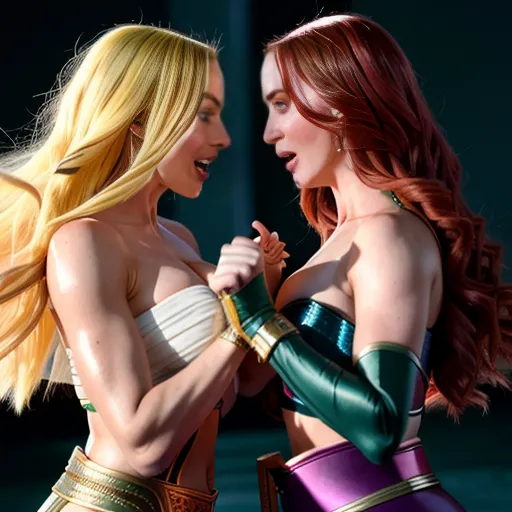 (Dynamic poses of only 2 sexy longhaired angry high-crowned love goddesses:1) with hairy vaginas (Fight by invading each other's auras:1)
((Blondes Margot Robbie) and (Emily Blunt))
(Dynamic poses of two sexy longhaired goddesses face to face in duel screaming at each other:1.3)"
(tearing into each other:1.2)
(full body images) of dynamic poses of two ((female love goddesses tearing into each other:1.3)) (Celtic Cliodhna) and (Babylonian Ishtar) (brutally fighting:1.5) face to face fiercely fighting with all their power and beauty fierce expressions (tearing into each other:1.2), Face to face, fiercely fighting with all their power and beauty, fierce expressions, mythological, Action-packed, Dramatic, Intense, Intricate, Highly detailed, Smooth, Digital illustration, Artstation, Concept art, Sharp focus, Vibrant colors, by artgerm, Greg Rutkowski, and magali villeneuve, Trending on Artstation, Fantasy, Epic scene, 4k uhd image