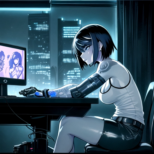 Medium shot, Monochrome, side profile, of a highly detailed beautiful, thin Cyber punk female in the style of Masamune Shirow with blue black hair, her hair is short and is hanging down on the backside of her face, head tilted forward sitting and facing a computer monitor in a dark room, leaning forward with her arms on the desk, looking playful, at a desk with a tank top on showing cleavage and tattoo sleeves on her arms and a small line tattoo on her cheek. Dark background with a cyberpunk city skyline at night in the window and a blueprint on the wall, she has a bracelet on her wrist and is wearing earrings on her ears