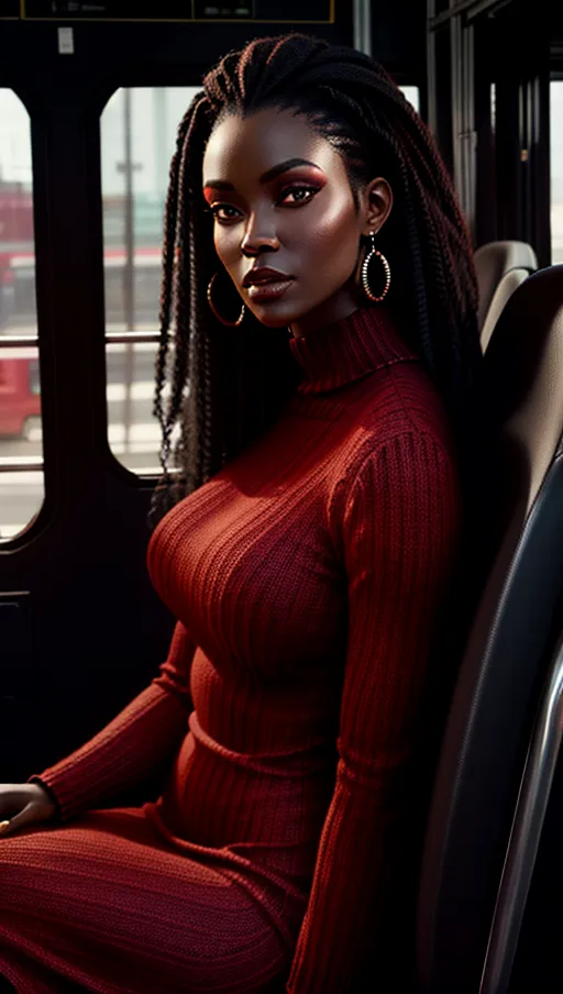dark black woman,(red knit dress), thin, sitting in a bus, high angle side view camera shot, looking at camera,cgsociety,perfect studio lighting, 8k high resolution photo