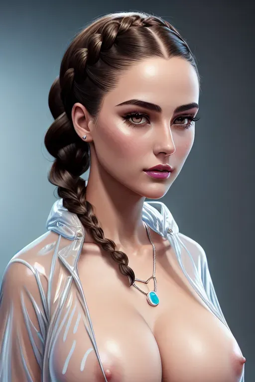 a digital painting of,addison rae,wearing transparent raincoat,touching breasts,indoor,big breasts,five slender fingers,braids hair,gorgeous face,beautiful lips,curved eyebrows,curved eyelid,textured skin,wearing necklace,highly detailed,bokeh,artstation,studio lighting,surreal,sperm on boobs