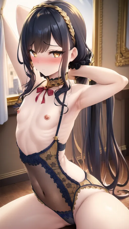 masterpiece, best quality, ((small breasts)), detailed background, woman in a city, ((gold and blue lingerie)), black hair in curly pigtails, detailed golden eyes, exhausted, blushing, pointy nipples, red ribbon in hair, ((stretching)), detailed pussy