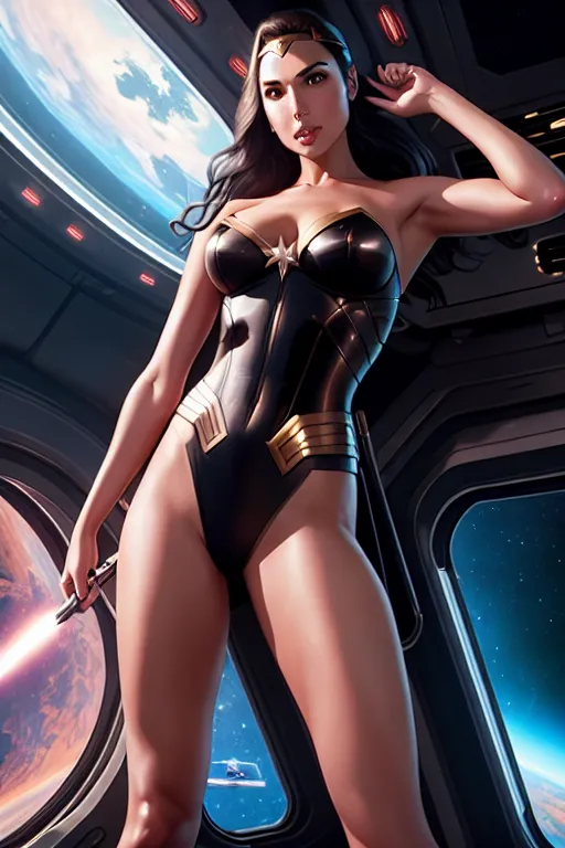 a concept art of,gal gadot,naked,shooting from a high point,in the space station,big breasts,five slender fingers,ponytail,gorgeous face,beautiful lips,curved eyebrows,curved eyelid,peaceful,tattoo,cgsociety,bokeh,studio lighting,smooth,8k