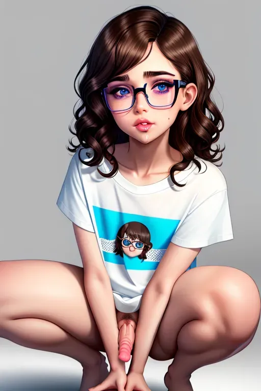 Trans, feminine, slendor, brown skin, short wavy brown hair, blue eyes, glasses, prominent cheek bone, full cheeks, full lips, full dark eyebrow, flat chest, round butt, large wavy white t-shirt, small six inch long penis, circumsticed penis, erect penis, throbbing dick, wet balls, balls, ballsack, cum dripping from the penis, squatting over, looking at me, submissive, weak, high definition, 4k quality, excellent lighting, great shading, awesome detail, Five fingers per hand.