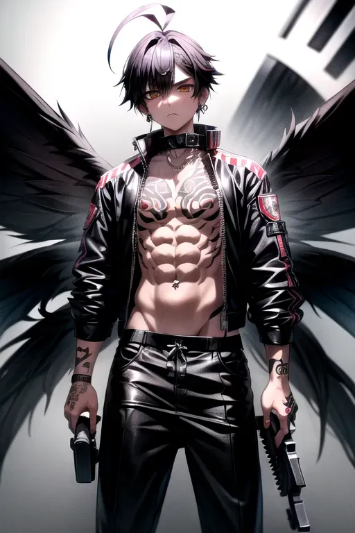 Male delinquent street punk in emo style clothes standing with black angelic wings on his back in refinery holding a firearm, looking at viewer, 1boy, braid, (huge ahoge:1.3), angry, closed mouth, frown, standing, torn clothes, piercings, jewelry, tattoos, finely detailed background, amazingly intricate background, incredibly absurdres, best quality, <lora:dpmg_middle_finger:1>, <lora:dpmg_add_detail:1>, perfect anatomy, perfect body, perfect arms, perfect legs, perfect face, holding a gun,