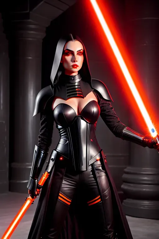 a photograph of, a female Sith, full body, wearing black futuristic armor, holding a red lightsaber in her right hand, in a dark temple, with glowing orange iris five slender fingers, beautiful lips, curved eyebrows, curved eyelid, beautiful eyes, professional, ultra realistic,