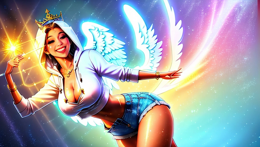 a 64k high detailed photo of body shot of straight Female Angelic standing, HDR Professional ((In hoodie))) (((Has shorts))) Godly Ultra Detailed Best Quality Most Detailed ((Angel Wings)) Angelic Lighting Love Hope Magic casting Crown Smiling Queen happy Glory Warrior Angels Angelics Positivity Happiness ecstasy enraptured sweaty saving God Royalty Morality Goodness True Good Power Force Authority Ethical Saviour Halo short Hair Always and Forever Sentimental in heat hot ultra hot best best lighting tantric Neutral Brilliant Logical Compassionate Perfect Perfection Exciting Integrity Winged Courage Purity Harmony Beauty mark on upper lip ((Female)) ((Ethereal Lighting)) ((Celestial Lighting)) (((With Clothes))) ((With God Item)) (((God Tech))) (God Magic) with items of power God Wings ((Afterlife Light)) (Perfect Tits) (Perfect Ass) (Love Worship) ((Happy Expression)) ((smiling)) AJH True Happiness (Pleasure) (True Love) ((Angelic Hair)) ((Purity))