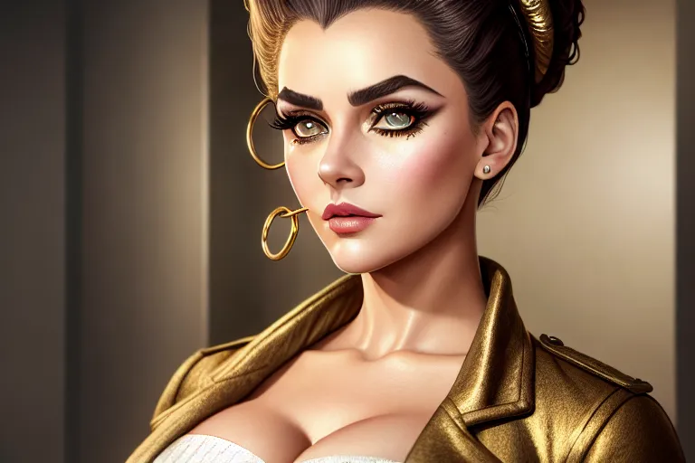 a color pencil draw of,a maid,wearing jacket,standing,in a dystopian future,big breasts,five slender fingers,updo hair,charming face,beautiful lips,detailed large eyes,curved eyebrows,curved eyelid,textured skin,peaceful,wearing golden ring,professional,surreal,highly detailed,cinematic lighting,ultra realistic