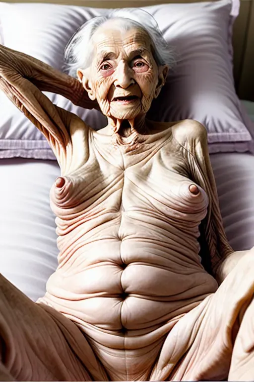 (great grandmother),(nude),(90 years old), skinny, in bed, laying on her back , knees pulled up, (wrinkled skin), (wrinkled legs),(showing pussy), shocked expression