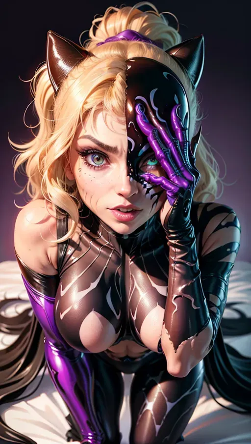 ((((face closeup)))), best quality, (((ultra high res))), ((Ester Exposito symbiote girl)), five fingers per hand, ((((complete face transformed into symbiote)))), bent over, on bed, detailed eyes, purple symbiote, blonde hair