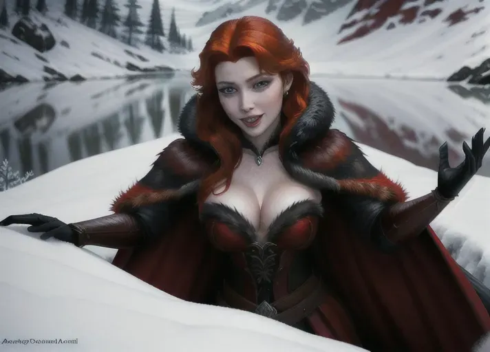Sexy beautiful vampire adult auburn-haired Queen Anna of Arendelle rising from her mist enshrouded royal crypt on Halloween. Her red eyes aglow with unholy thirst as she bares her fangs with an alluring smile tainted with hunger. A thirst she seeks to quench as she sinks her fangs into the neck of her sister, Elsa of Arendelle. photorealistic. High resolution.