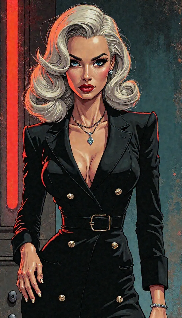 Tiffany Case, platinum blonde ambition, cold American elegance, 1950s diamond smuggler aesthetic, sharp glamour, underworld confidence, tailored noir fashion, cigarette-drenched lighting, calculated femininity, Las Vegas menace
stylized graphic novel illustration, bold ink linework, sharp cheekbone shading, sleek feminine silhouette with athletic build, platinum ash-blonde hair in a high-volume set, slim facial features with piercing blue eyes, minimal expression with a guarded gaze, confident cigarette-holding posture, fitted noir attire without exaggeration, diamond accents drawn with fine detailing, strong contrast lighting across high-contrast black and gray palette, crosshatched skin tone for realism, expressive ink lighting to emphasize facial tension,
dimly lit Las Vegas casino entrance at night, neon glow leaking across marble tile, 1950s cars parked under red signage haze, velvet roped lounge areas buzzing in soft blur, ambient tension in the air like a loaded gun under a silk dress, indoors but feels wide open and dangerous, angular shadows stretch from every gold fixture, decor screams expense and desperation in equal measure,
quiet distrust in every corner, precision elegance over warmth, cold dominance over charm, betrayal waiting under spotlight halos, an atmosphere soaked in unspoken danger, dramatic stillness despite luxury, noir world filtered through lipstick and smoke, every detail feels like a deal about to go bad,
posture pulled taut like a bluff held too long, she’s not smiling and you shouldn't either,
She wore diamonds like regrets and walked like she’d never trust anyone again