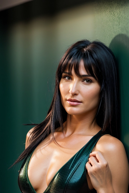 (((full body))), a forty year old woman looks like a mix of Gina Gershon and Cobie Smulders with long straight (((black hair))) with bangs and (((green eyes))), ultra maximalist, detailed glossy eyes, beautiful lips, detailed face, detailed textured skin, photorealistic, realistic detailed hair, pretty teeth, textured imperfect skin, sweating lightly, realistic pretty feet, accurate realistic eyes, realistic teeth, realistic mouth, pubic hair, realistic skin color, realistic skin tone,realistic hair color, realistic hair tone, five realistic pretty fingers, five realistic toes per visible foot,accurate skin color, accurate skin tone,accurate hair color, accurate hair tone,accurate hair cut, accurate facial shaped,
pretty teeth, textured skin, (((wearing a sexy black catsuit showing cleavage))),
8k RAW photo, intricate detailed background, dramatic pov, dramatic angle, dramatic lighting,