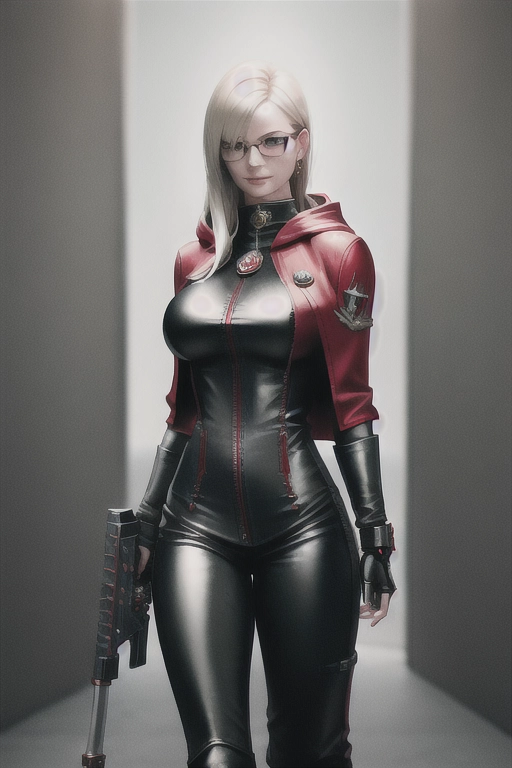 Warhammer 40k style, assassin, glasses, red hooded cloak, black hair, slender body, medium round breasts, metal and leather bodysuit with openings, silvery blonde hair, slightly visible areolas, asian face