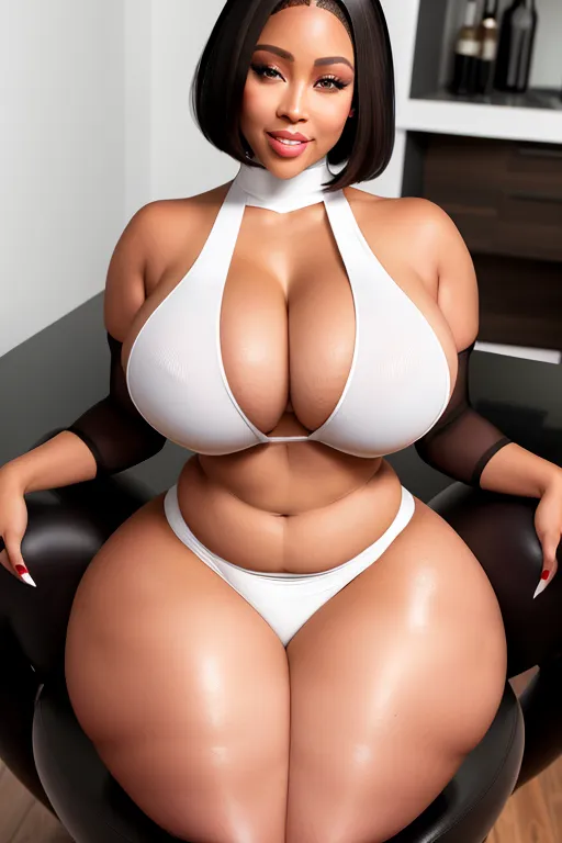 lightskin thick curvy legs spread apart sitting on stool ebony girl (((thick hips))) (((voluptuous))) huge breast open white shirt huge nipples curvy huge pixie cuts cleavage thigh high stockings heels full body photo curvy slimthick (((sexy grin)))