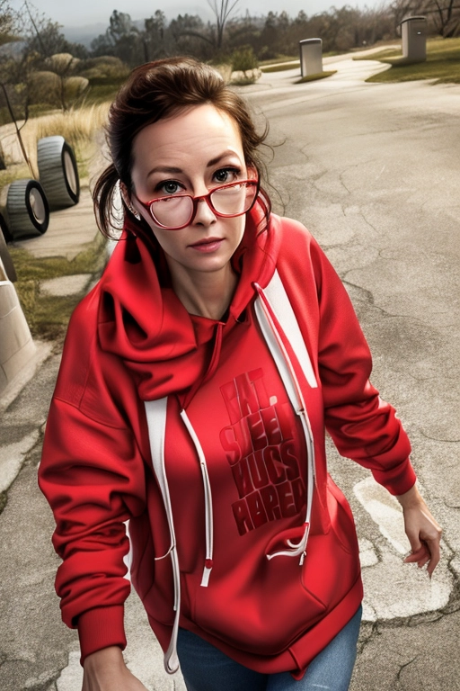 35 year old, short white female, walking down driveway, accurate face details, accurate hands, dark hair, hair band, looking at camera, wrinkled forehead, raised eyebrows, eyeglasses, 2000s, long red shirt, light red hoodie jacket