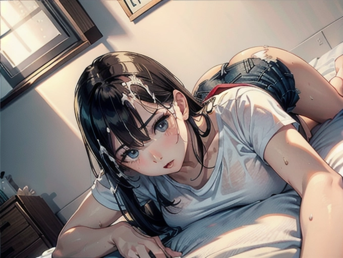 establishing shot, loose white t-shirt and hot pants jeans, skinny, 25yo, eurasian woman, (hyper-realistic face:1.3), 32k uhd --ar 9:16 --stylize 750 --v 6, realistic,((((solo)))), nudity, long straight black hair, (small breasts:1), breasts focus, wet skin, lips, perfect-hard-nipples, solo_focus, eye-contact, lifted white t-shirt, uncensored, ((torn white t-shirt)), ((cum on body:1.2)),
background bed room, sweaty, (((exhausted))),uncensored,
<lora:dpmg_add_detail:0.5>, (best quality),
beautiful, (((masterpiece))),(high resolution), (uhd), (8k)
1man, 1girl,
(a beautiful girl using both hands to give a handjob),
((A big cock about to blow a huge load of cum in her pretty face)),
((Her two hands are gripping the mans cock)), (both hands on cock)