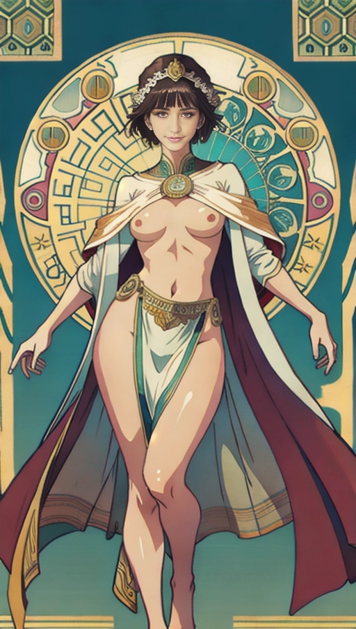 painting with (mucha artstyle) of, masterpiece,perfect edges, ultra realistic, perfect anatomy, realistic skin texture, ((full body)), woman, standing, short dark hair, highly detailed face, detailed eyes,perfect hands, medium breasts, (wearing toga), ((bare breasts))
