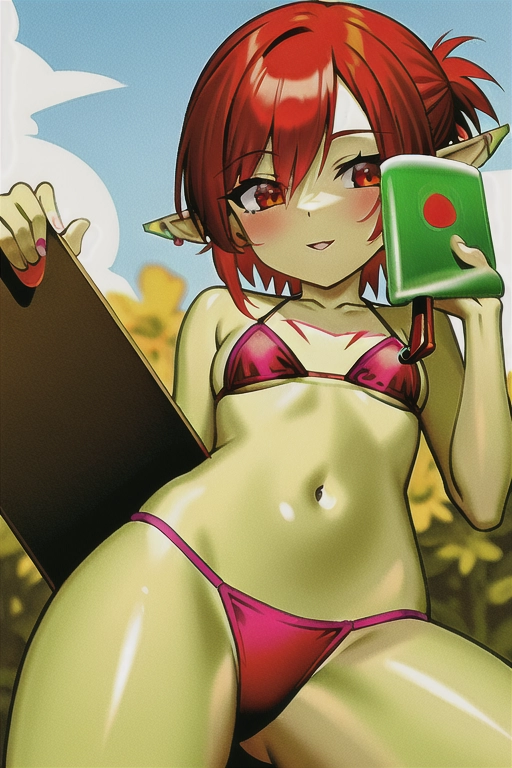 Red head goblin girl, green skin, pointy ears, holding paint brush, drawing, cute, bikini