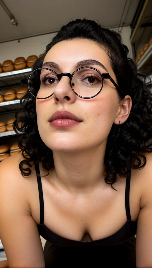 18 years old bakery shop lady, (lying flat on back in back stock), short black curly hair in a bun, full lips, black metal frame round gasses on peak of nose, beautiful dark shining eyes, defined cheeks, defined jaw, small, thin chest, shy smile, nice teeth, low angle camera view close up, spreading legs, grabbing legs