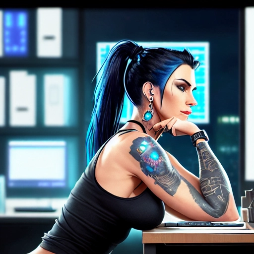 Medium shot, side profile, of a highly detailed beautiful, thin Cyber punk female with blue black hair, her hair is hanging down on the backside of her face, sitting in front of a computer monitor leaning forward on her arms, looking focused, at a desk with a tank top on showing cleavage and tattoo sleeves on her arms and a small line tattoo on her cheek. Dark background with a cyberpunk city skyline at night in the window and a blueprint on the wall, she has a bracelet on her wrist and is wearing earrings on her ears