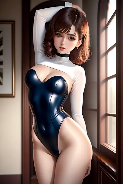 beautiful 20 year old English rose, sexy pose, arched back, short brown hair, pale complexion, brown eyes, pretty face, wearing long-sleeved high-cut blue gymnastics leotard, long sexy legs, slim figure, medium breasts, cute bottom