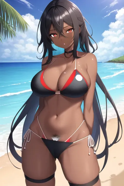Dark skin girl with large breasts and pubic hair on the beach wearing a tight two piece bikini.