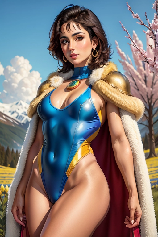 Colour painting of a young Nadia Comaneci, ((short dark hair)), detailed and jewelled yellow ((leotard)),((bare thighs)), fur cloak over her shoulders, smooth skin, sexy butt, fine beautiful body, ((spring landscape)),(detailed skin features),(detailed face features), beautiful face, (detailed body features), beautiful eyes,