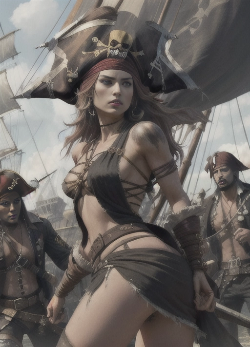 Gorgeous angry pirate woman (((held tight by a big black pirates))), torn clothes, 1 female, 1 male, ((wound marks on her thighs)), ((groping her ass)), groping her breast, sexy, intense, pirate ship, fight scenes in the background
