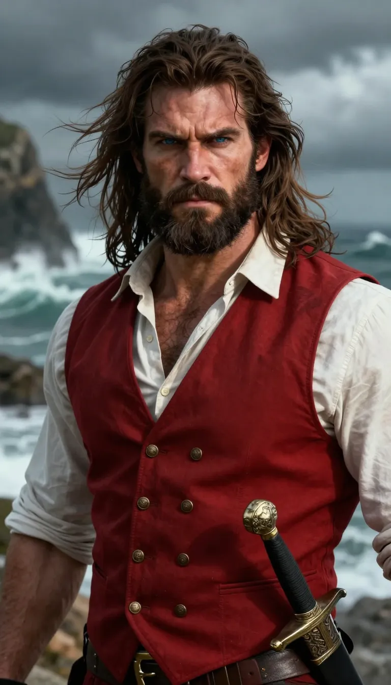 This is a highly detailed, realistic CGI portrait of a rugged, muscular man with long, windswept brown hair and a thick beard. He has piercing blue eyes and a stern expression. He wears a red, double-breasted vest with gold buttons over a white, slightly unbuttoned shirt, revealing a hairy chest. A detailed, ornate sword with a black and gold hilt is sheathed on his right side. The background features a blurred, stormy seascape with crashing waves and rocky cliffs, adding a dramatic, adventurous atmosphere. The man's skin is tanned, and the lighting highlights his strong jawline and intense gaze.